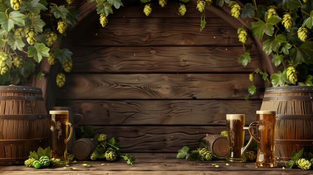 A background with 3D illustration of beer mugs, barrels, and hops. with text space