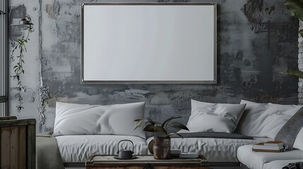 A mockup poster blank frame hanging on a salvaged trunk, above a sleek sectional, studio apartment, Scandinavian style interior design