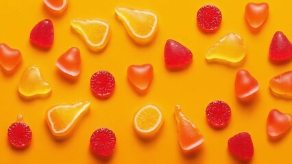 Colorful gummy candies. Soft gums in fruit shapes. - obrazy, fototapety, plakaty