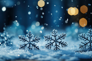 Naklejka premium Three intricate snowflakes are gently sitting on a surface covered in snow with a peaceful backdrop