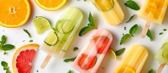 Assorted popsicles with various fruits and fresh mint leaves on a wooden table