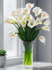 Elegant Elegance: Snow-White Calla Lilies Adorn a Vase, Crafting a Sophisticated Composition. generative AI