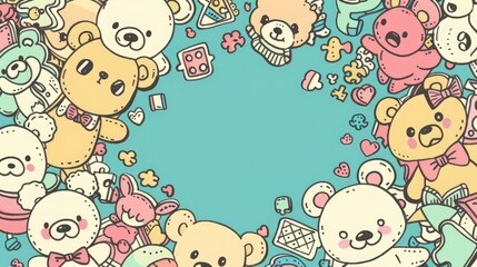 A background with cute doodles of teddy bears, dolls, and puzzles. The text space