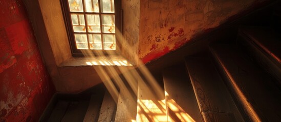 The sun is shining through the amber window onto the hardwood flooring on the stairs in the brown...
