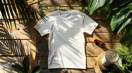 Maqueta de una camiseta en color blanco colocada sobre una mesa de madera con plantas alrededor. Generado por IA.