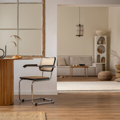 Interior design of open space interior with round table, rattan chair, window, vase with dried...
