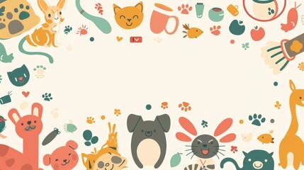 A background with cute illustrations of dogs, cats, and pet accessories. The text space can be in the shape of a paw print