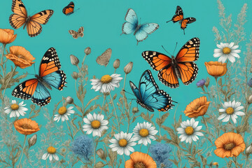 Hand drawn blooming flowers and butterflies on turquoise background. Black and white wildflowers and insects. Generative Ai