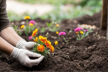 Man gardening holding Marigold flowers in his hands with copy space