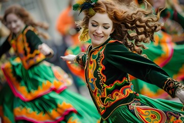 Dynamic St Patricks Day performance by traditional Irish dancers in colorful costumes. Concept St,...