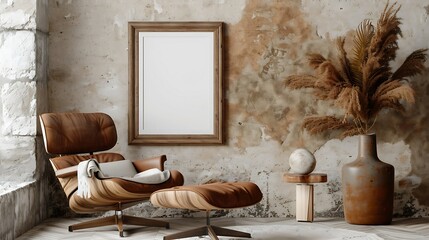 A mockup poster blank frame with a rounded oak frame, hanging on a leather armchair, complemented by a decorative vase and abstract sculpture, in earthy tones