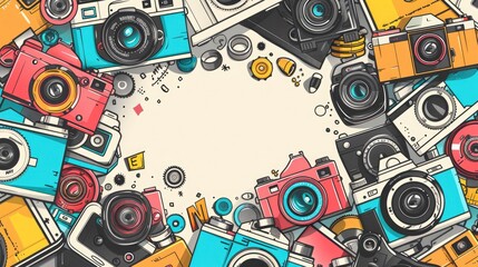A background with doodles of cameras, film rolls, and photo frames. The text space can be in the shape of a camera