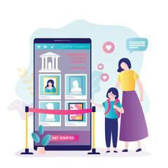 Virtual museum on smartphone screen. Art exhibition with cellphone at distance in comfort. Art gallery interactive tour. Mother and daughter using online museum application.