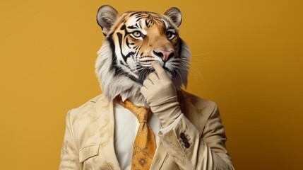 Anthropomorphic tiger in business suit pretending to work in corporate setting, jungle concept