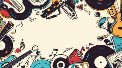 A background with doodles of musical notes, instruments, and vinyl records. The text space can be in the shape of a music note