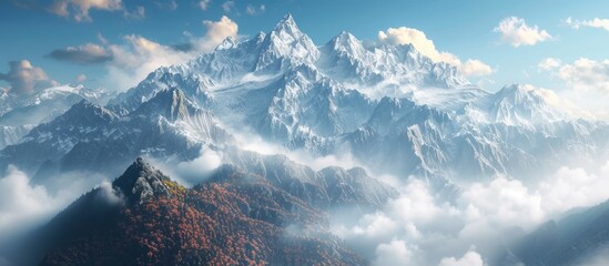 A natural landscape with a mountain range, covered in snow and clouds, viewed from the sky. Cumulus clouds hovering over the snowcapped peaks - Powered by Adobe