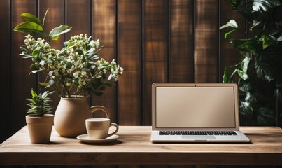 A minimalist workspace with a stylish laptop and coffee cup 