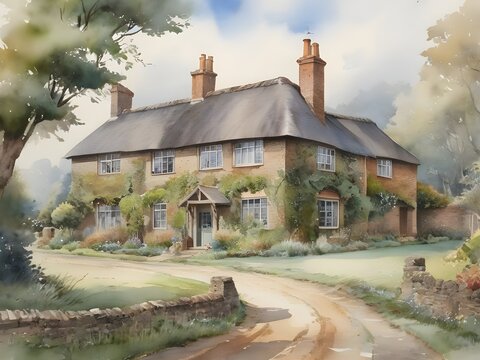Country House Watercolor painting of an English.	