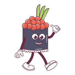 Vintage Japanese food character Sushi, Roll groovy style. design sticker seafood for bar, restaurant. Retro vector illustration.