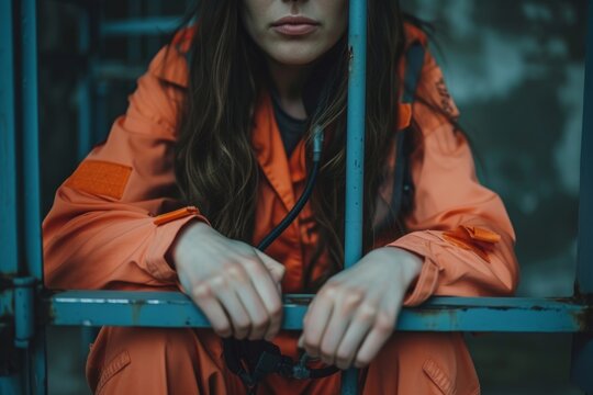Female prisoner's hands gripping the cold metal bars of her cell, clad in a worn orange jumpsuit