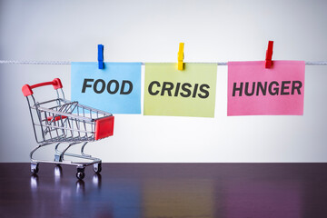 Food crisis news and hunger concept. empty shopping cart and text FOOD CRISIS HUNGER.