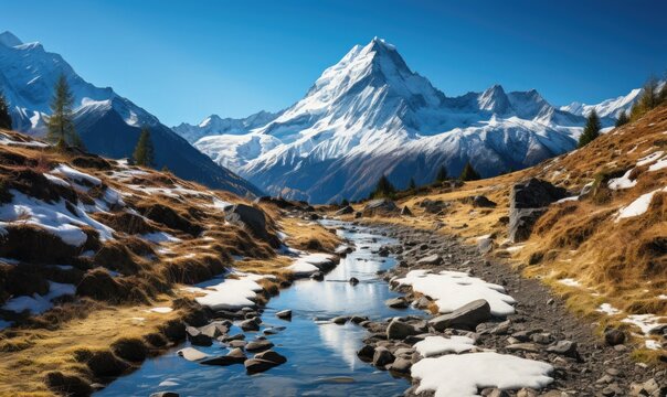 A scenic mountain view with snow-capped peaks and a clear sky 