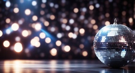 Obraz premium Silver sparkling disco ball on dark stage background