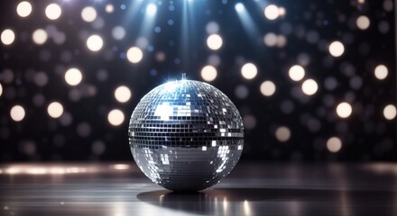 Fototapeta na wymiar Silver sparkling disco ball on dark stage background
