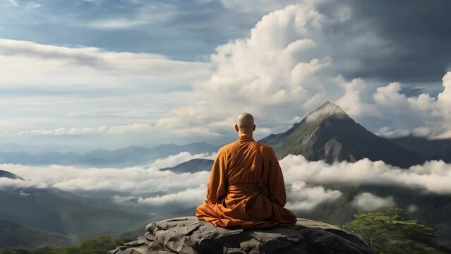 A Zen monk sits in serene meditation on a mountain