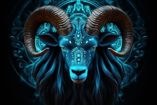 Capricorn zodiac sign in blue shining on black background, astrological constellation illustration