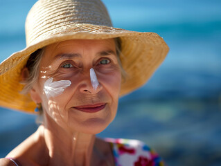 Mature, Senior Woman in Straw Hat Applying Sunscreen, Using UV, SPF Cream, Healthy Aging, Self Care, Holiday by the Sea, Skin Cancer Prevention.
