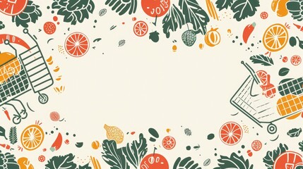 A background with illustrations of fruits, vegetables, and shopping carts. The text space can be in the shape of a shopping bag - obrazy, fototapety, plakaty