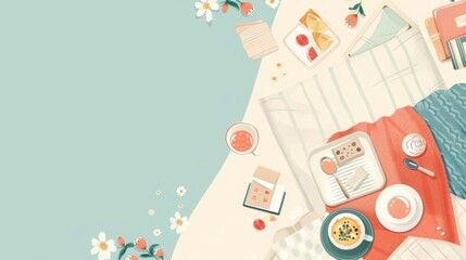 A background with illustrations of beds, breakfast trays, and cozy blankets. with text space