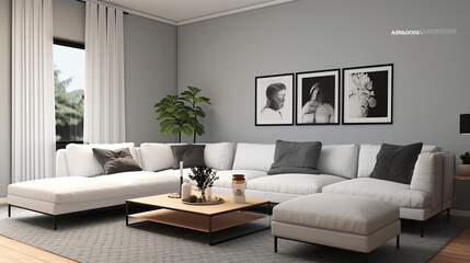 Fototapeta na wymiar 3d render living room with elegant sofa and gray painted wall painting generative ai