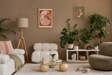 Stylish compositions of modern living room interior with white modular sofa, design armchair, mock...