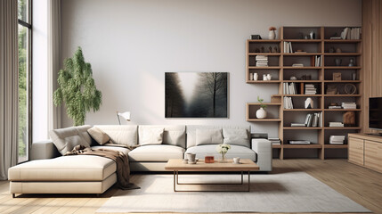 Fototapeta na wymiar wide elegant sofa with modern table and chairs generative ai
