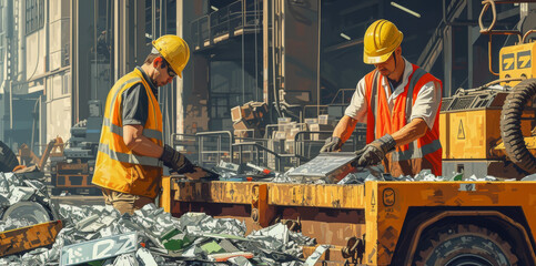 Illustration of two men with yellow helmets in a recycling plant