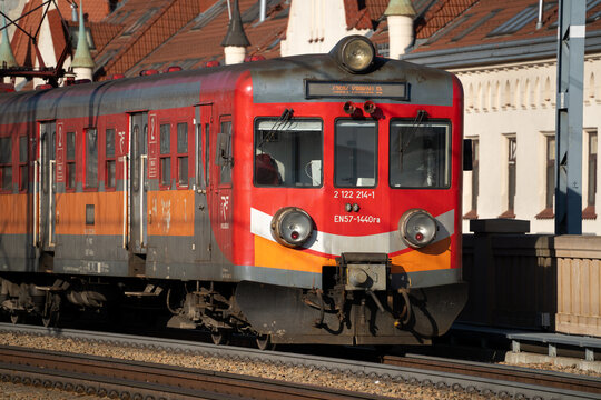 PolRegio EN57 train in Kraków. Polish regional rail operator, old multiple unit wagon on February 15, 2024 in Krakow, Poland.