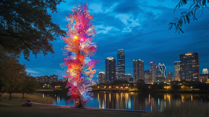 A colorful sculpture made of plastic bottles at night in the background is a big city with large skyscrapers