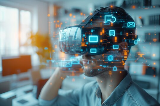 VR goggles wearing on a man face with hi tech, VR glasses, blue futuristic hologram, man working with VR glasses, mail icon,