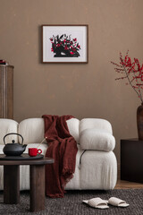 Stylish interior design of living room interior with white sofa, wooden commode, poster mock up...