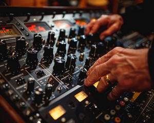 Fototapeta na wymiar A close-up view of sound mixer console in a recording studio