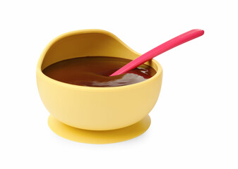 Tasty baby food and spoon in bowl isolated on white