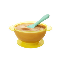 Tasty baby food and spoon in bowl isolated on white