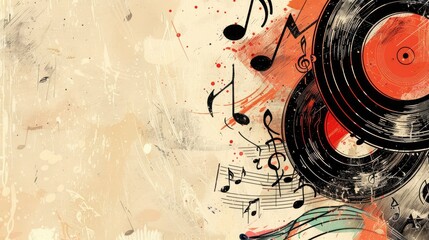 A background with illustrations of musical notes, instruments, and vinyl records. The text space can - obrazy, fototapety, plakaty