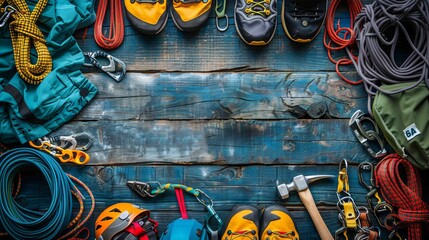 Climbing gear with helmet, hammer, carabiner, trekking shoes on wooden background, text space.
