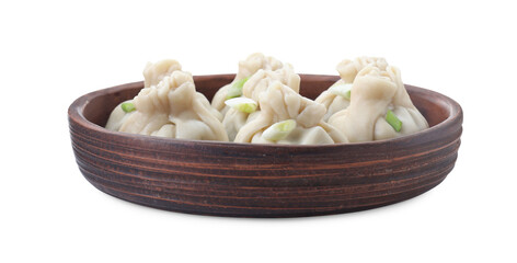 Tasty fresh khinkali (dumplings) with onion isolated on white. Georgian cuisine