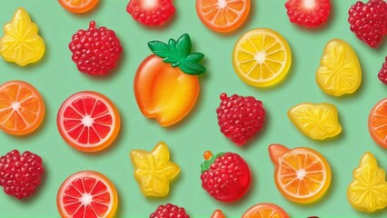 Colorful gummy candies. Soft gums in fruit shapes.
