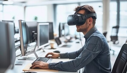 Young businessman using vr glasses in startup office for metaverse online meeting