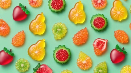 Colorful gummy candies. Soft gums in fruit shapes. - obrazy, fototapety, plakaty